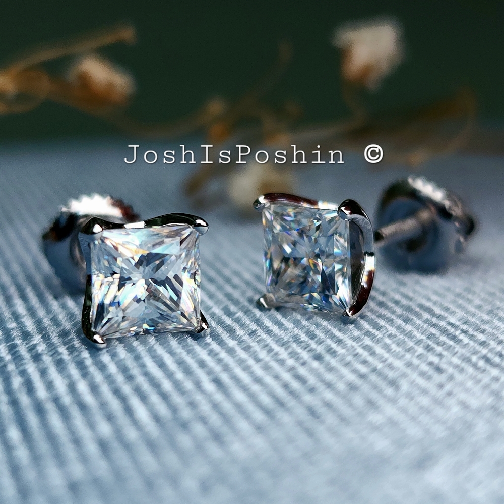 2CTW Princess Moissanite Screwback Stud Earrings In Sterling Silver